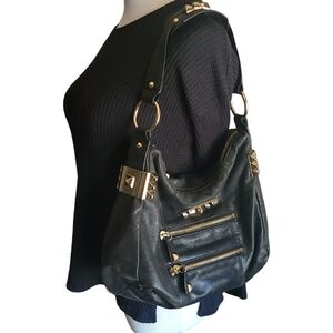 Vintage Leather Betsey Johnson Bag Black Studeded with lots of Zippers